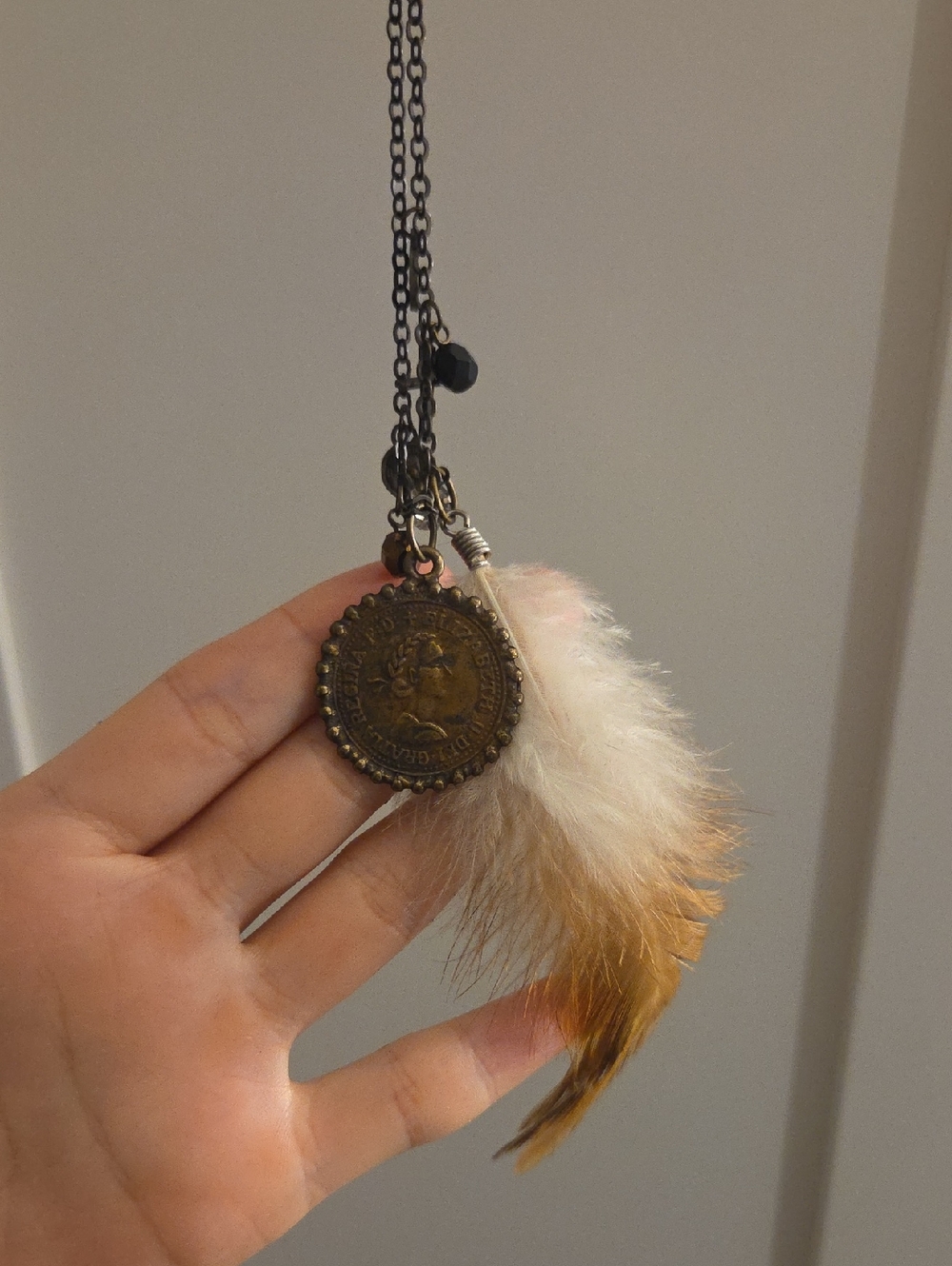 Boho Feather and Coin Pendant Necklace - White & Brown